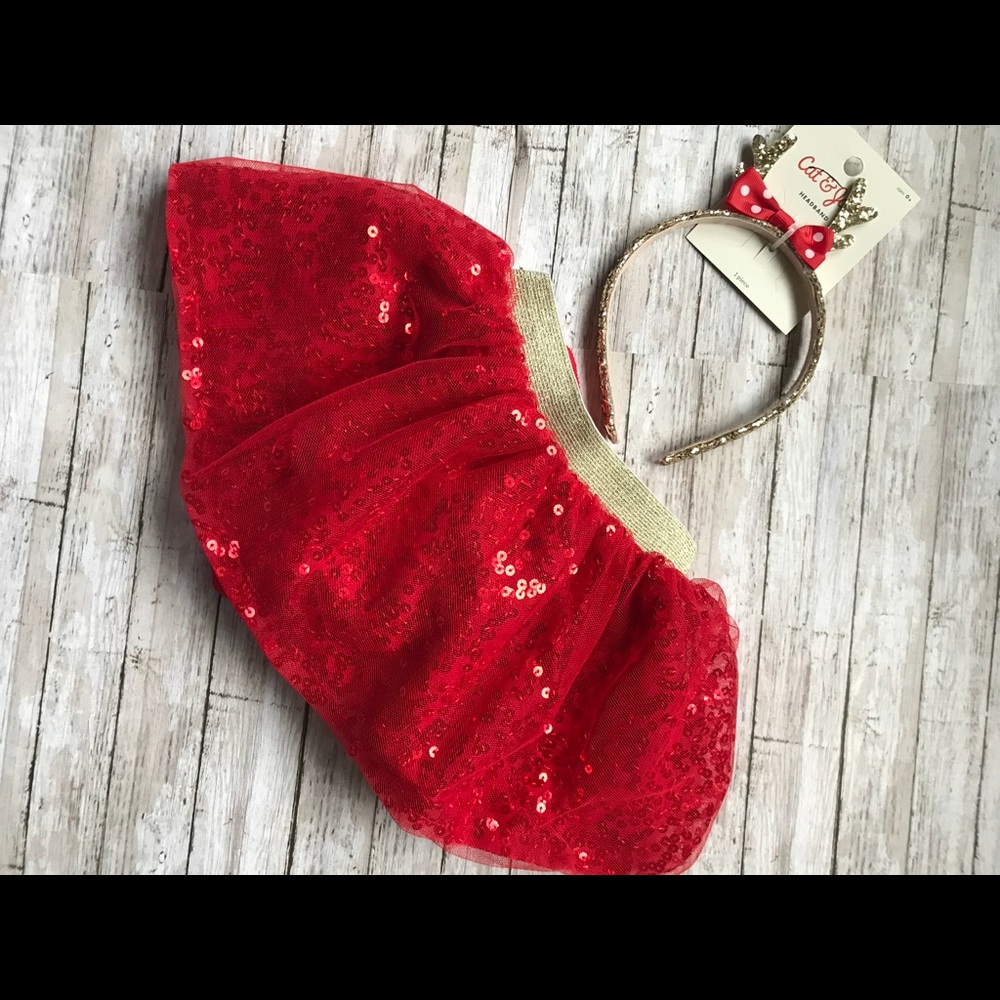 🎁Red Sequin Skirt with Reindeer Headband